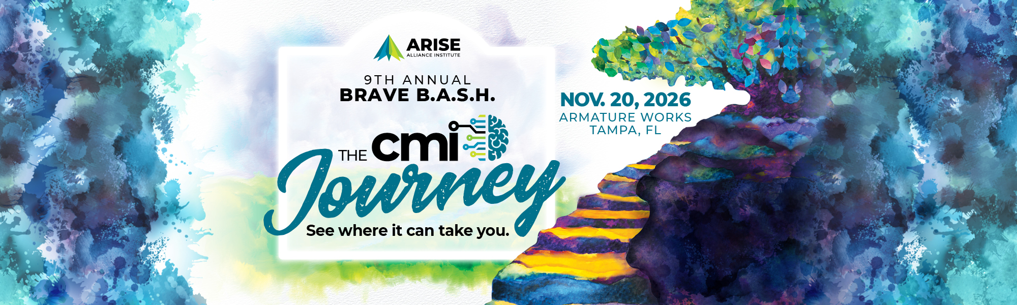 Event banner for ARISE Brave B.A.S.H. Journey—colorful staircase graphic with the slogan 'See where it can take you.'